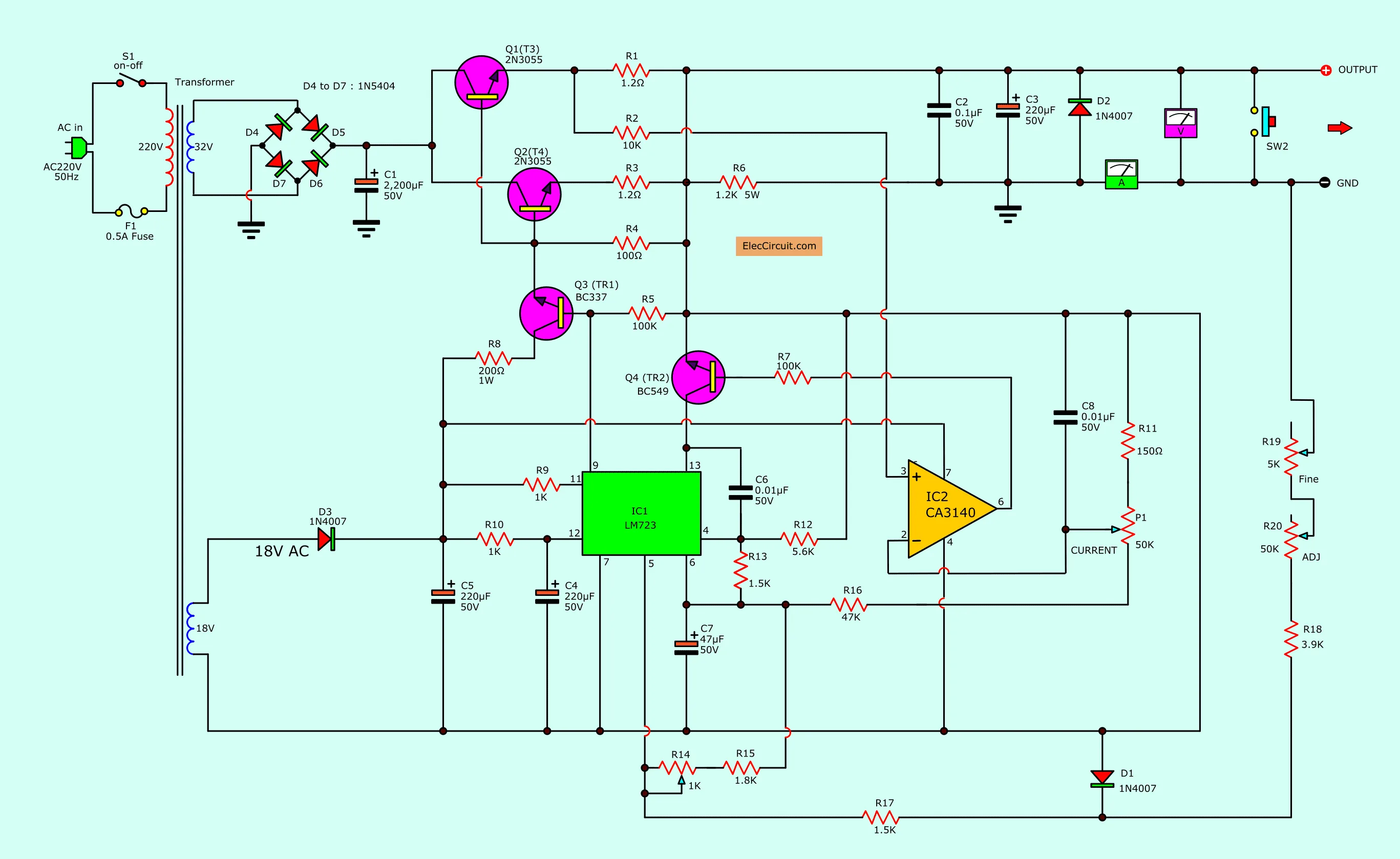 0 30V 0 5A Regulated Variable Power Supply Circuit