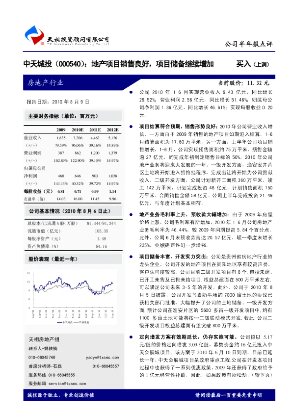 中天城投 000540 地产项目销售良好 项目储备继续增加