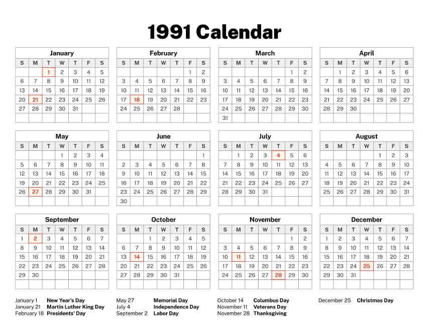 1991 Calendar Old Calendars