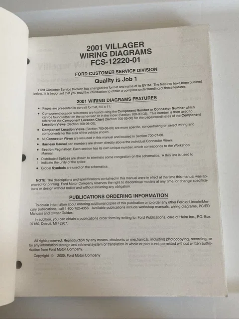 2001 Ford Mercury Villager Wiring Diagrams Schematics Pinouts Service Manual 8 56 Picclick Uk