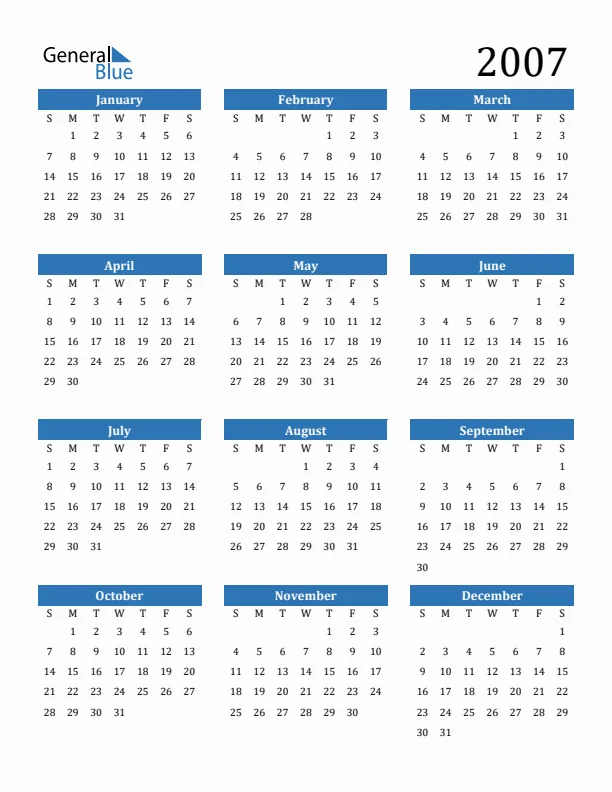2007 Full Year Calendar