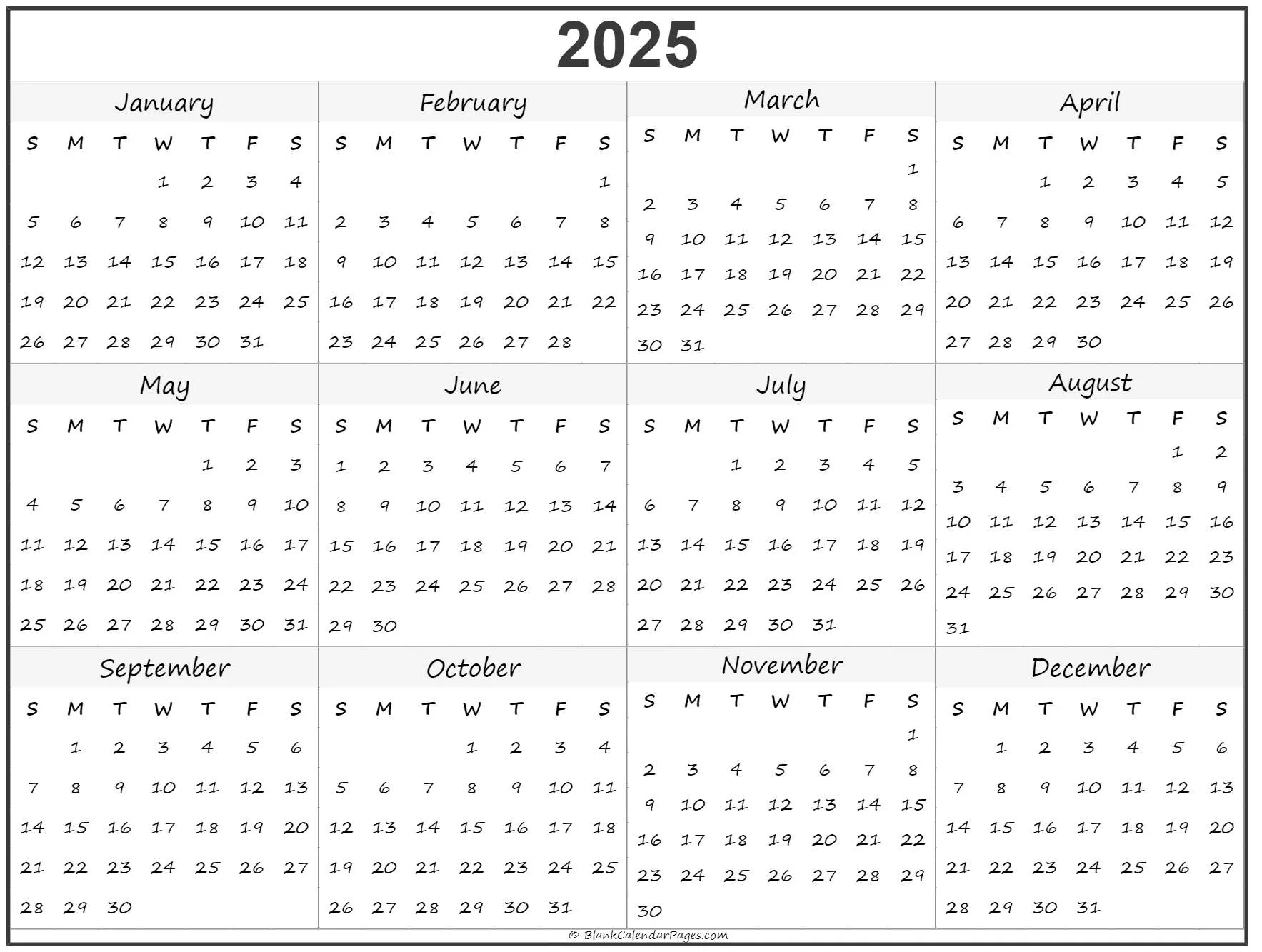 2025 Blank Calendar Template Free Printable One Pdf Seth Lord H