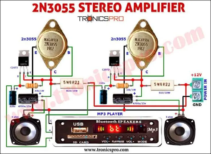 2N3055 Stereo Amplifier With Bluetooth Circuit Diagram In 2023 Stereo Amplifier Circuit