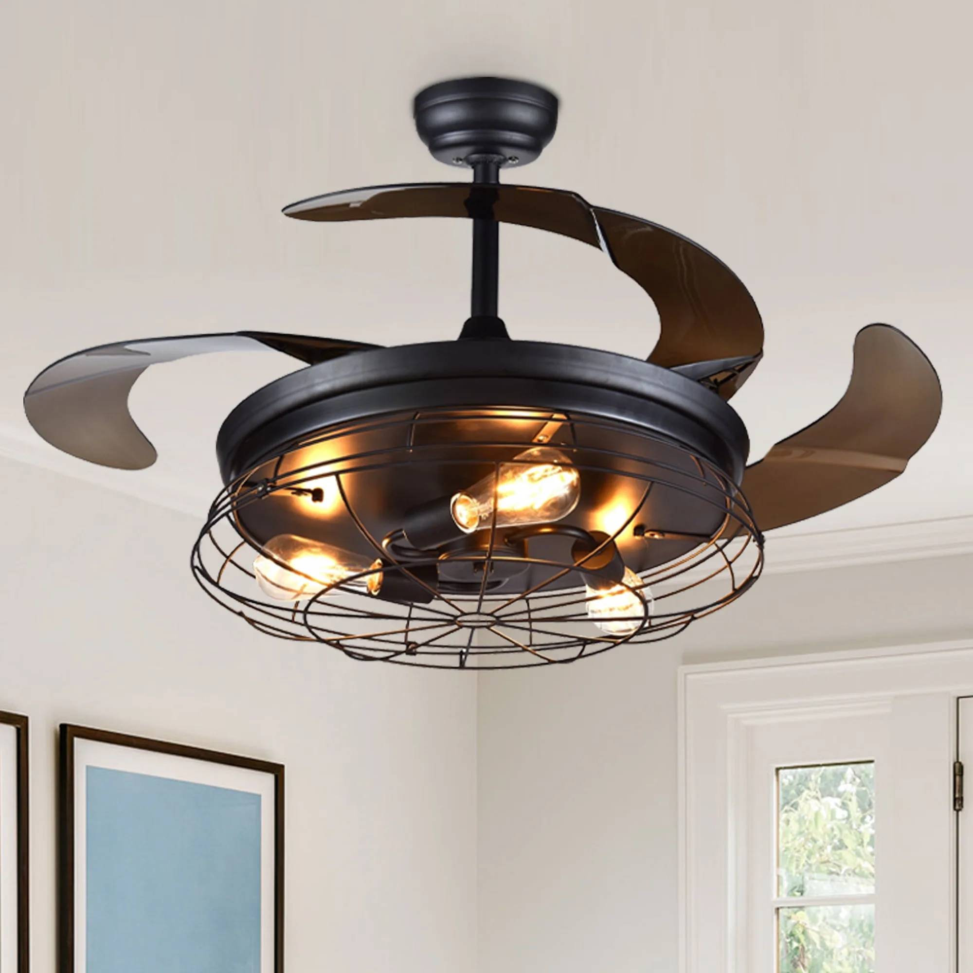 36 Industrial Retractable Ceiling Fan With Remote Control And Light Kit Included Black