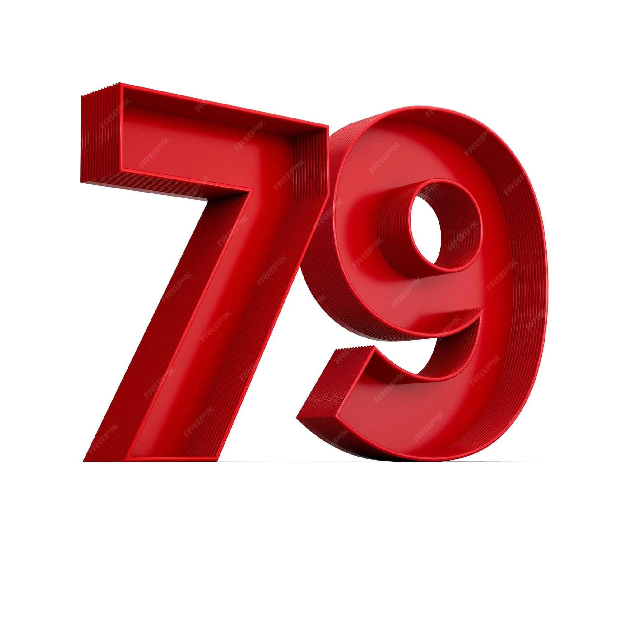 흰색 배경 3D 그림에 격리된 내부 그림자가 있는 빨간색 숫자 79 또는 79 프리미엄 사진