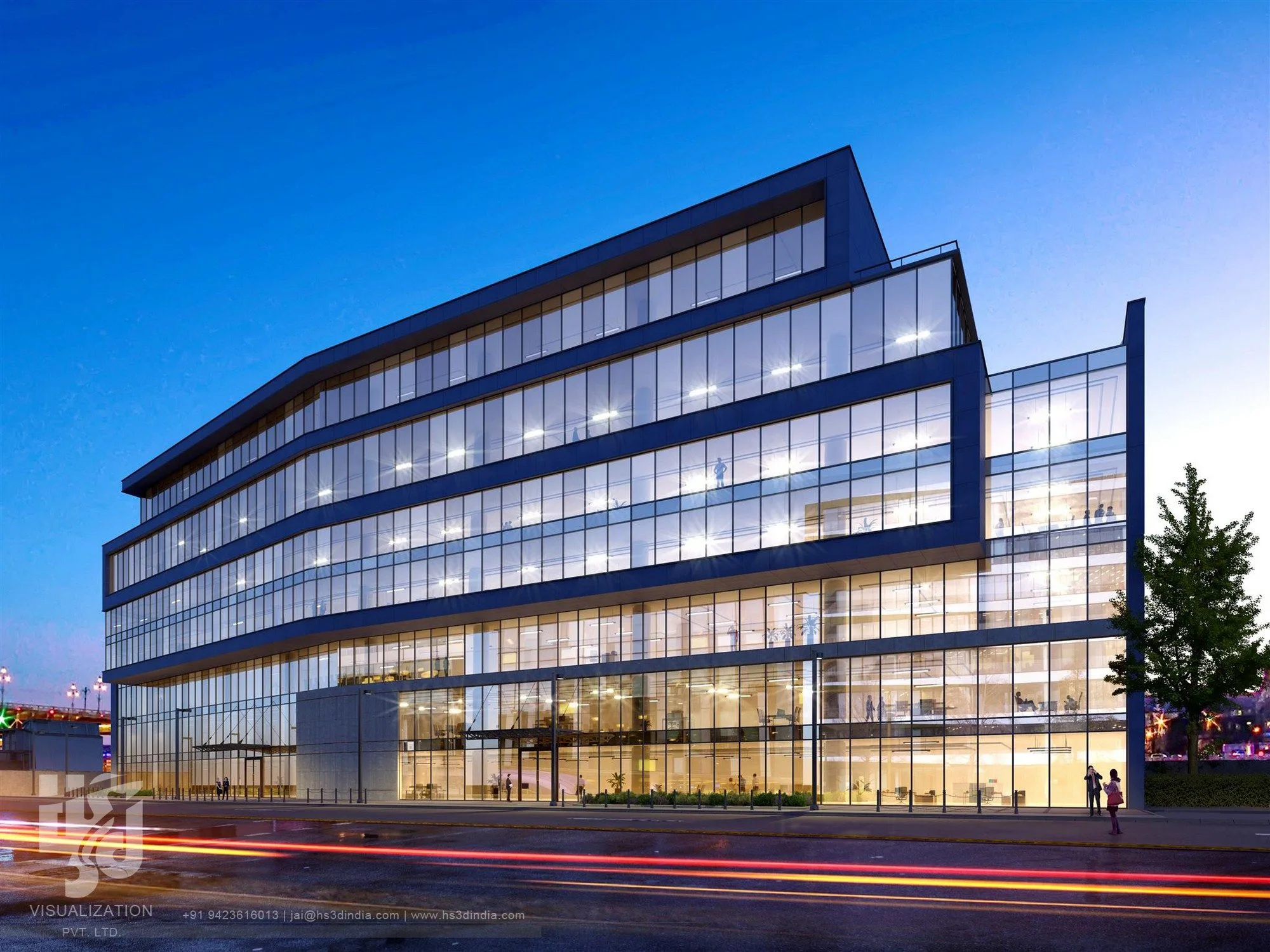 3D Corporate Office Exterior Night Rendering And Elevation Architecture Exterior Office