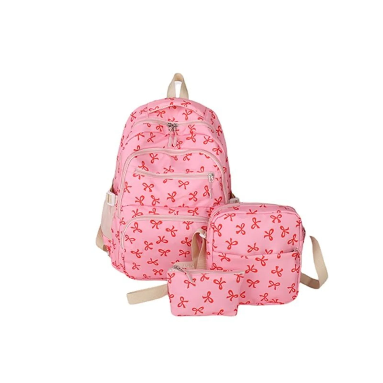3Pc Pink Bow Backpack Set Cute Kawaii Preppy Coquette Nylon Rucksack For Laptop Daily Use