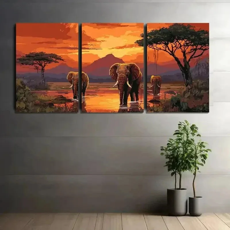 3Pcs Sunset Scenery With Elephants Metal Print Ready To Hang Art Bella Home Decor