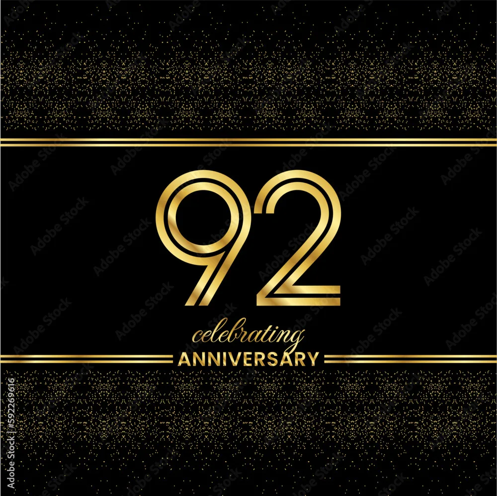 92 Golden Double Line Number 92 Anniversary Invitation Cover With Glitter Separated By Golden
