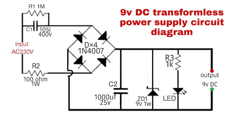 9V Dc Tranformerless Power Supply Circuit Diagram Circuit Diagram Circuit Power Supply Circuit