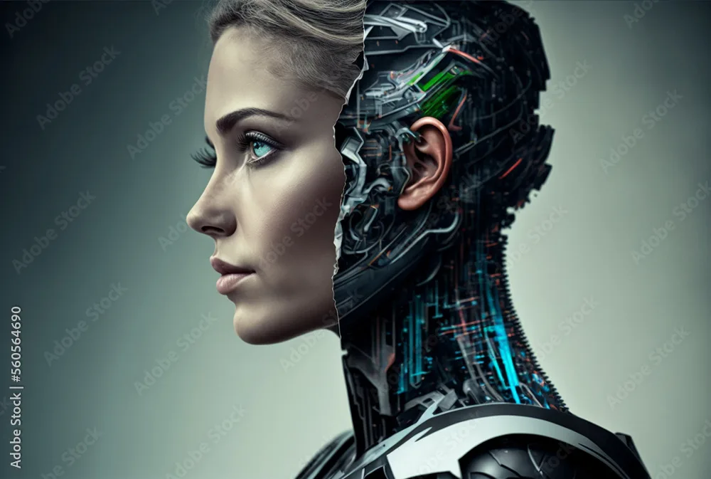 ภาพประกอบสต็อก A Woman Half Robot Or A Humanoid Android With Artificial Intelligence Parts Or A