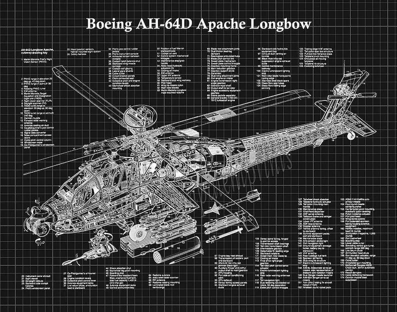 Ah 64D Apache Longbow Helicopter Print Boeing Ah 64 Apache Blueprint Helo Pilot Gift