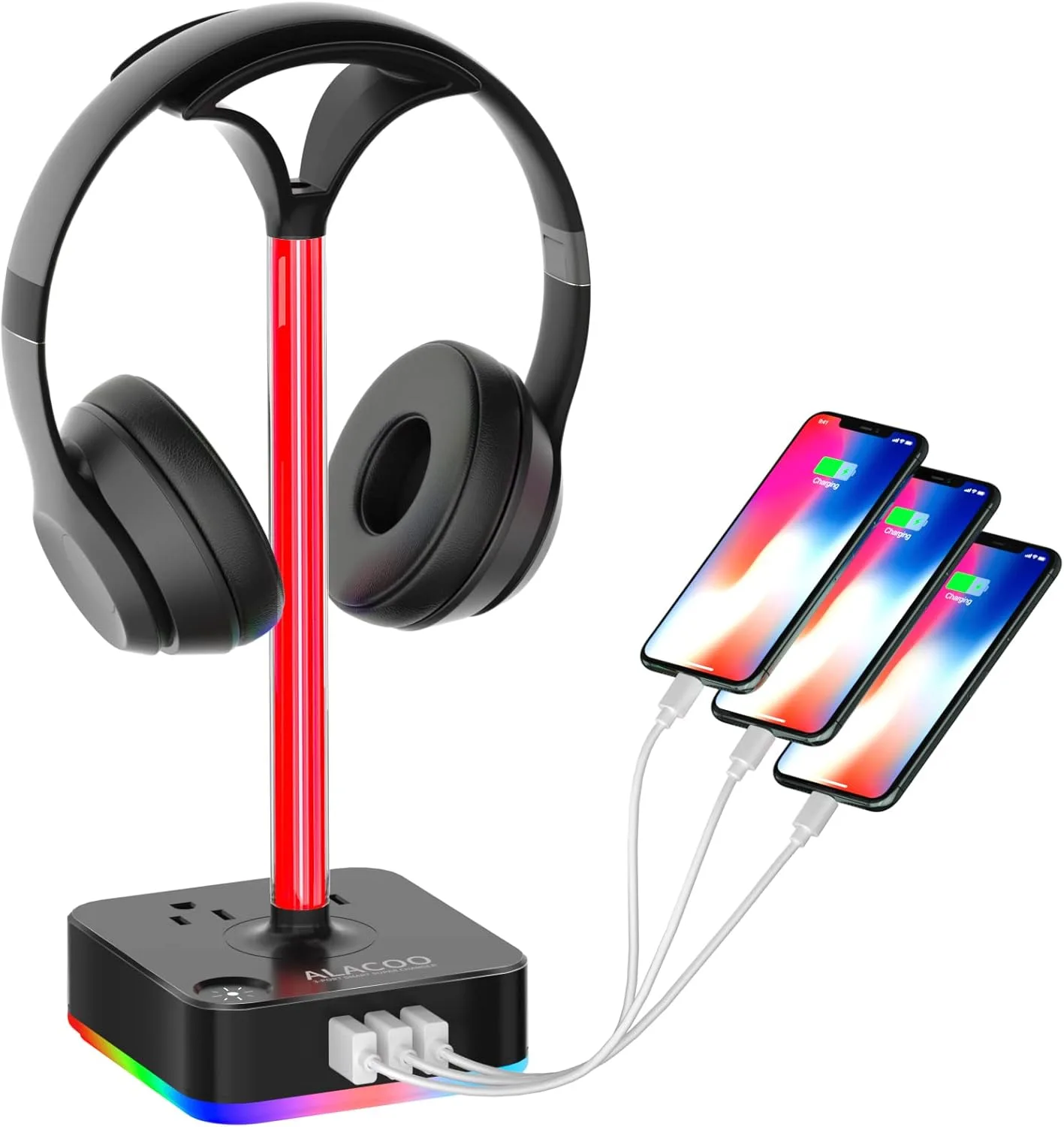 Alacoo Rgb Headphone Stand With Usb Charger Port Desktop Gaming Headset Holder With 3 Usb
