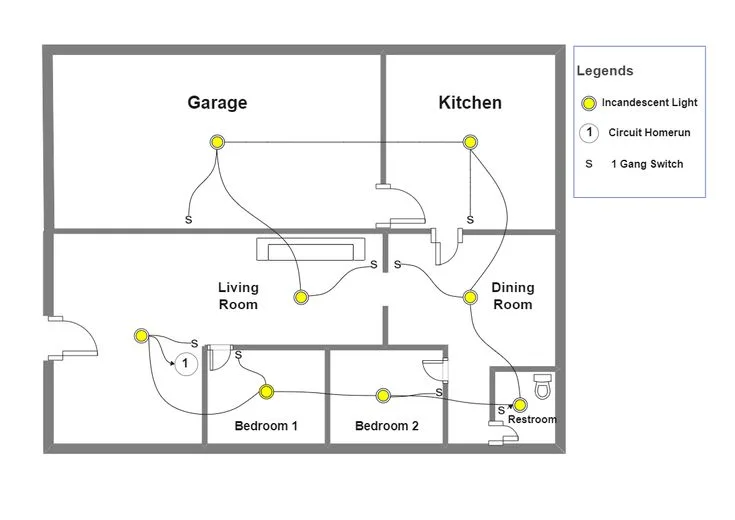 An Electrical Wiring Diagram For A Kitchen And Living Room With Two Lights On The Ceiling