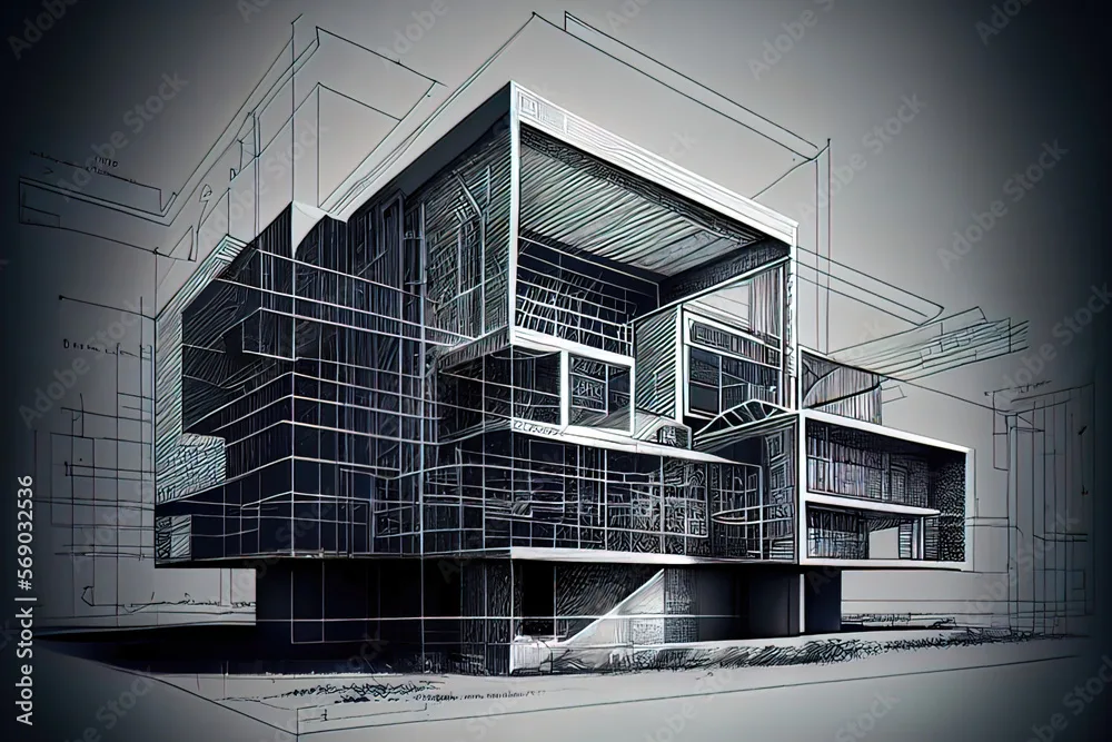 Architecture Concept Art Of Modern Conventional Building With Schematic Blue Print Design