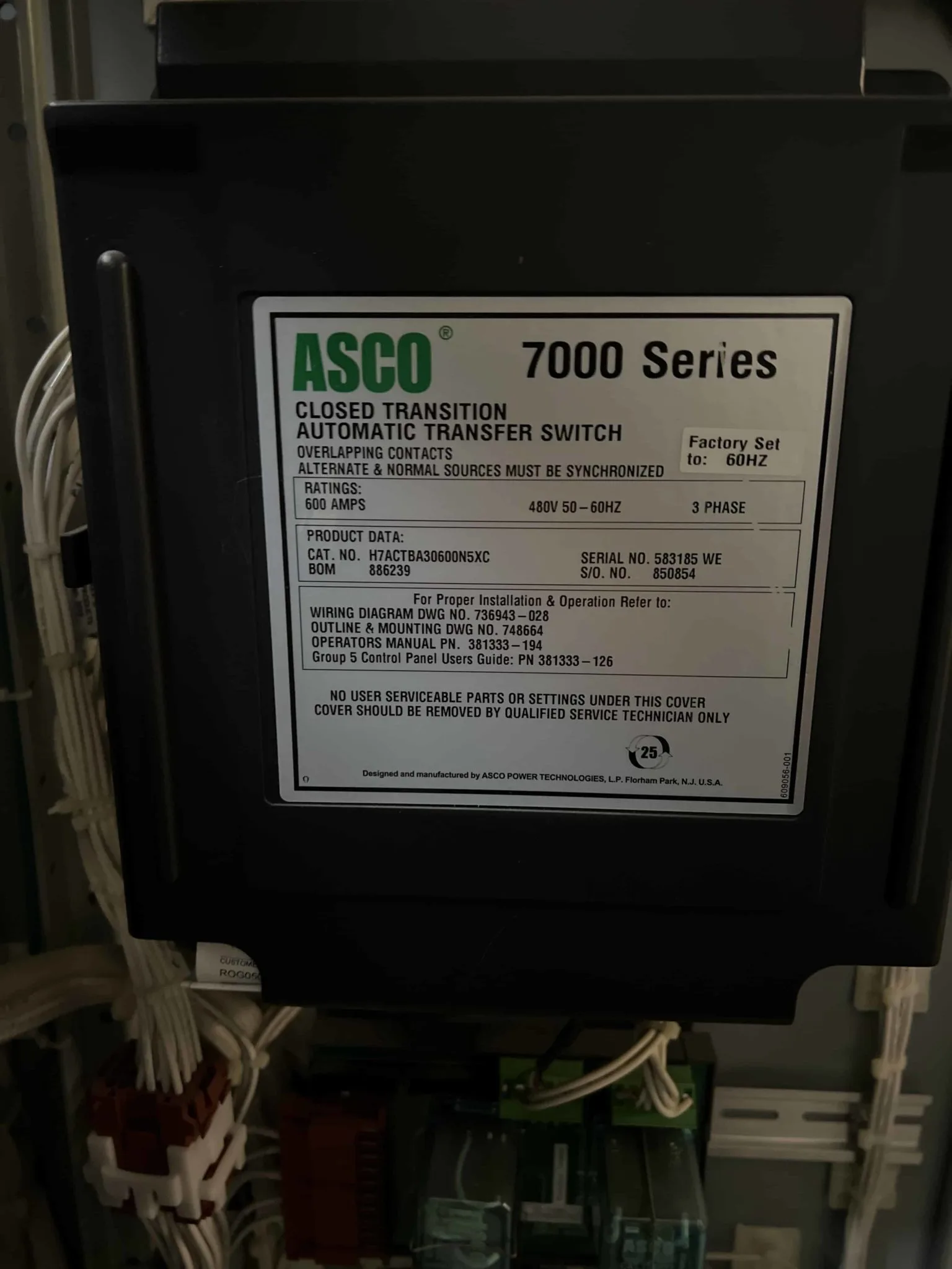 Asco 7000 Series 600A 480V Automatic Transfer Switch Ci Group