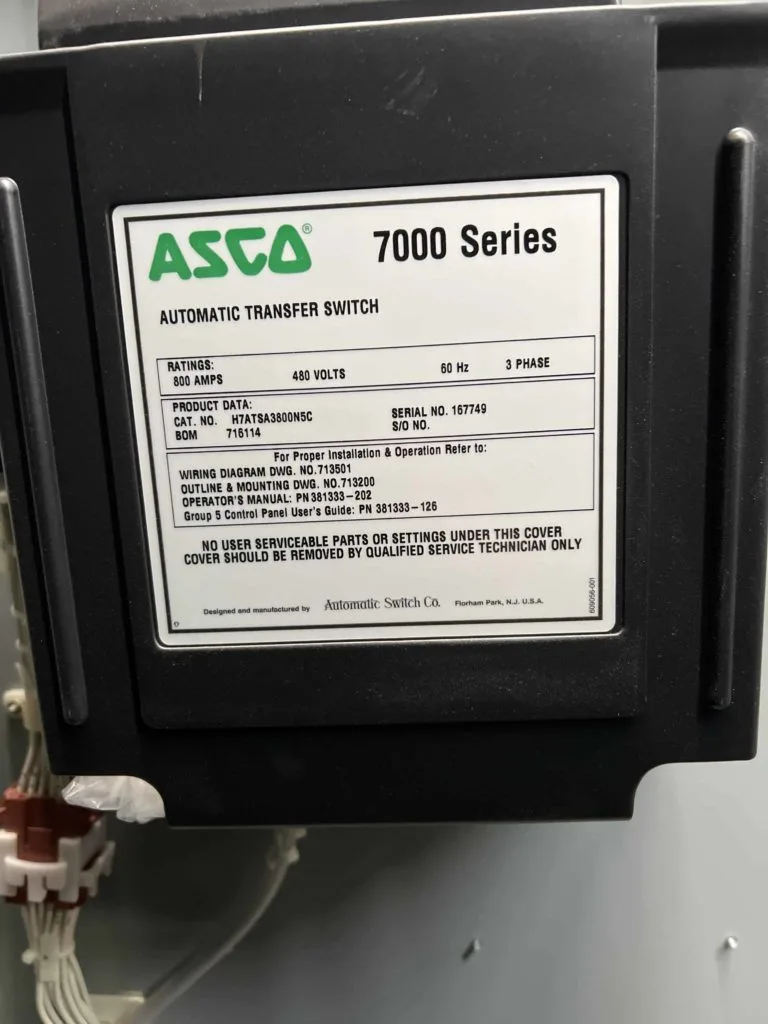 Asco 7000 Series 800A 480V Automatic Transfer Switch Ci Group
