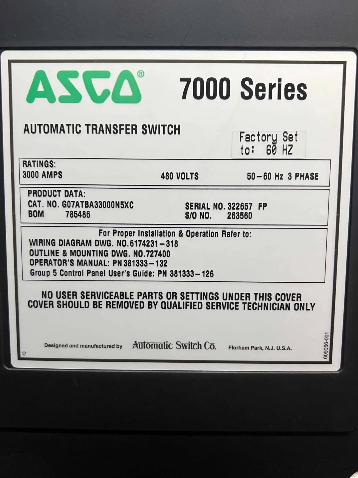 Asco Series 7000 3000A 480V Automatic Transfer Switch Ci Group