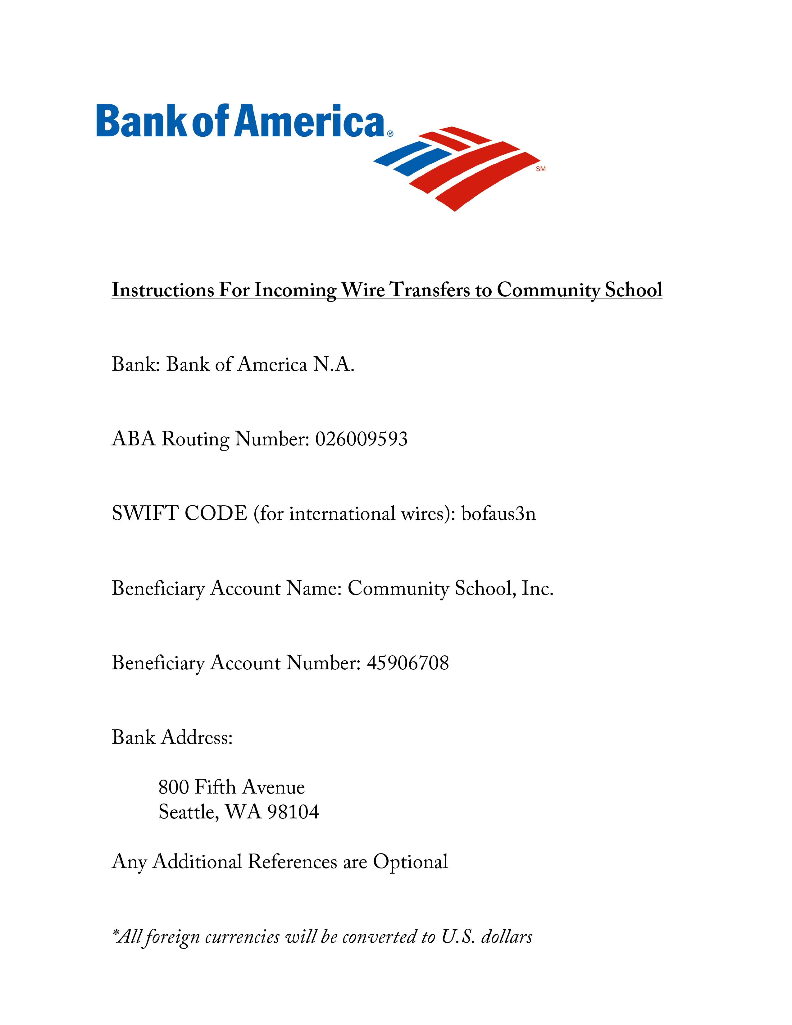 Bank Of America Wiring Instructions
