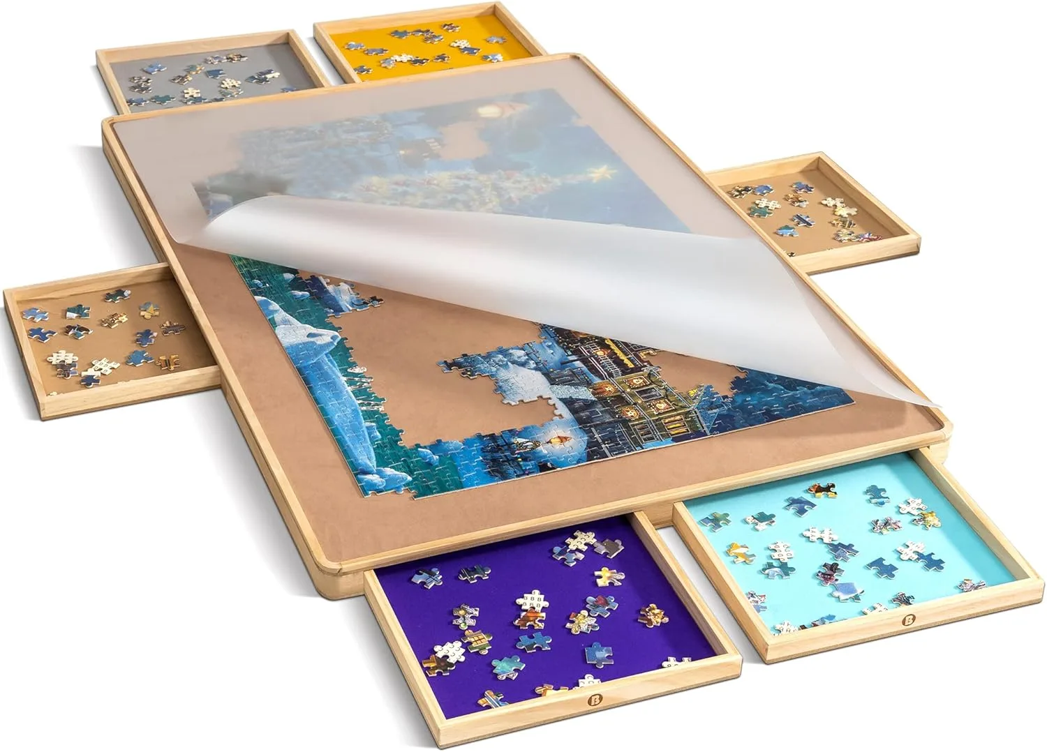 Becko Us Puzzle Board With Cover 6 Press Open Close Drawers Wooden Jigsaw Puzzle Table With