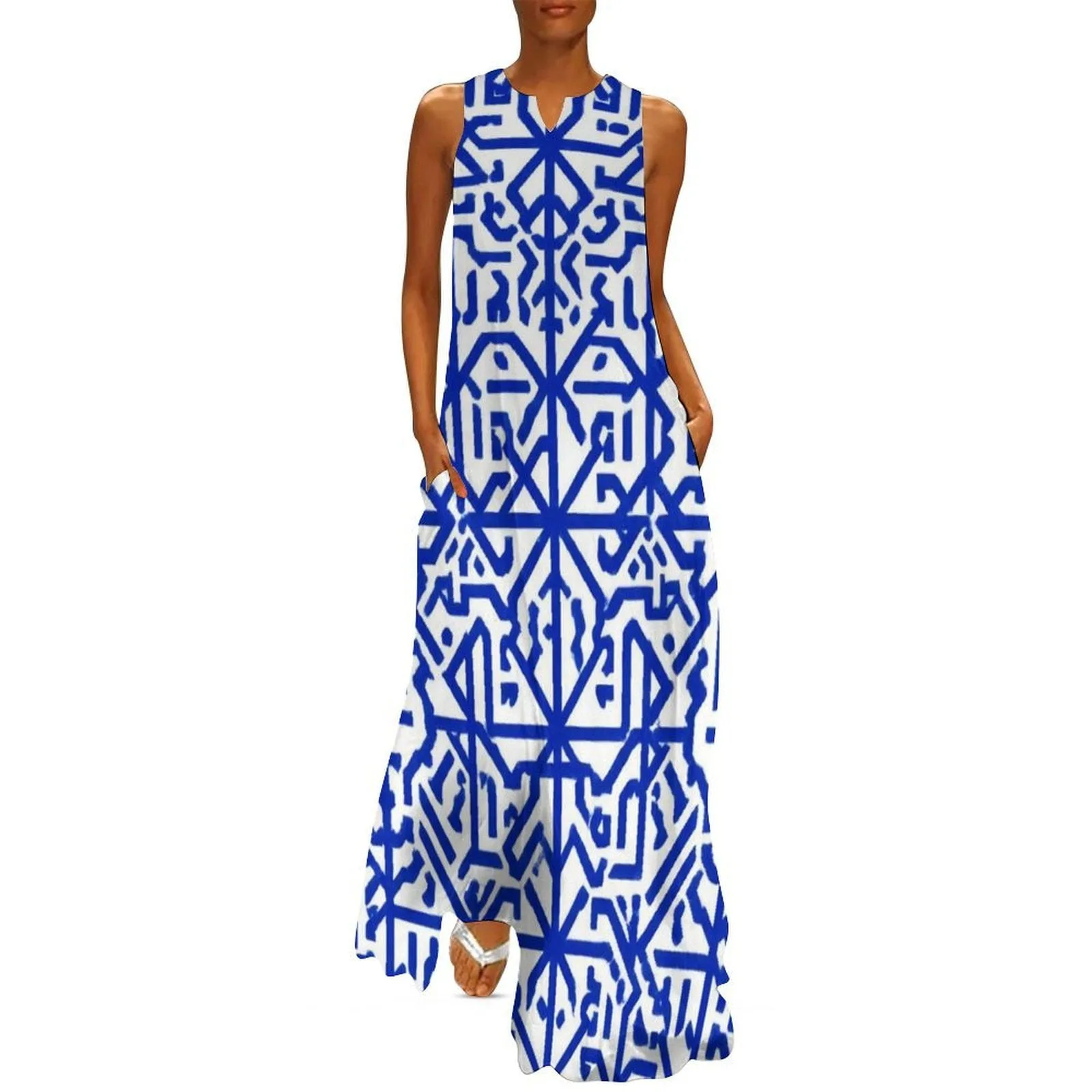 Blue White Pattern Greek Key Pattern Long Dress Luxury Evening Dresses Women Clothing New