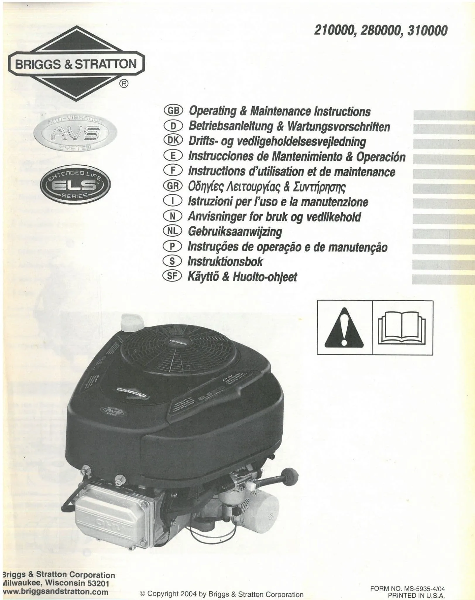 Briggs Stratton Engines 210000 280000 310000 Operators Manual