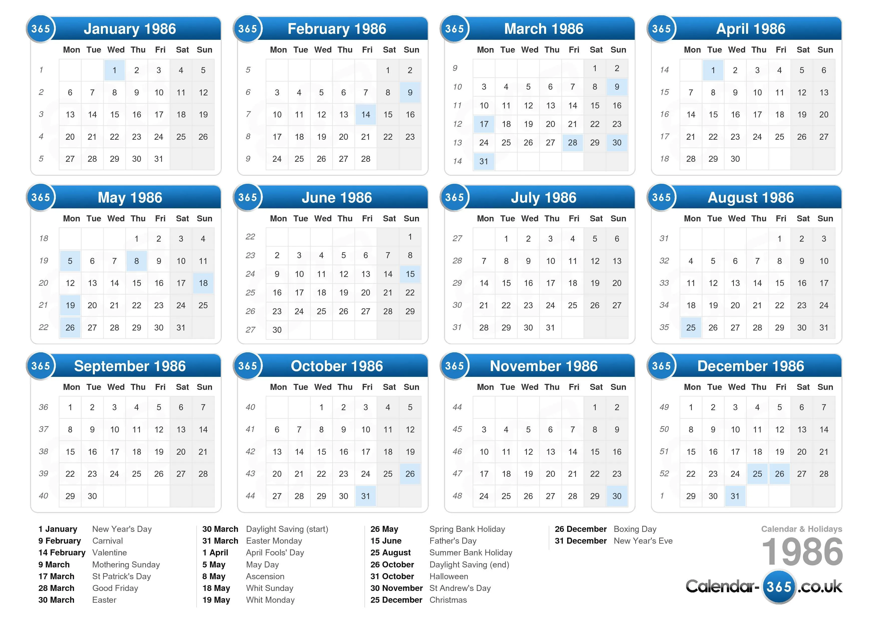 Calendar 1986