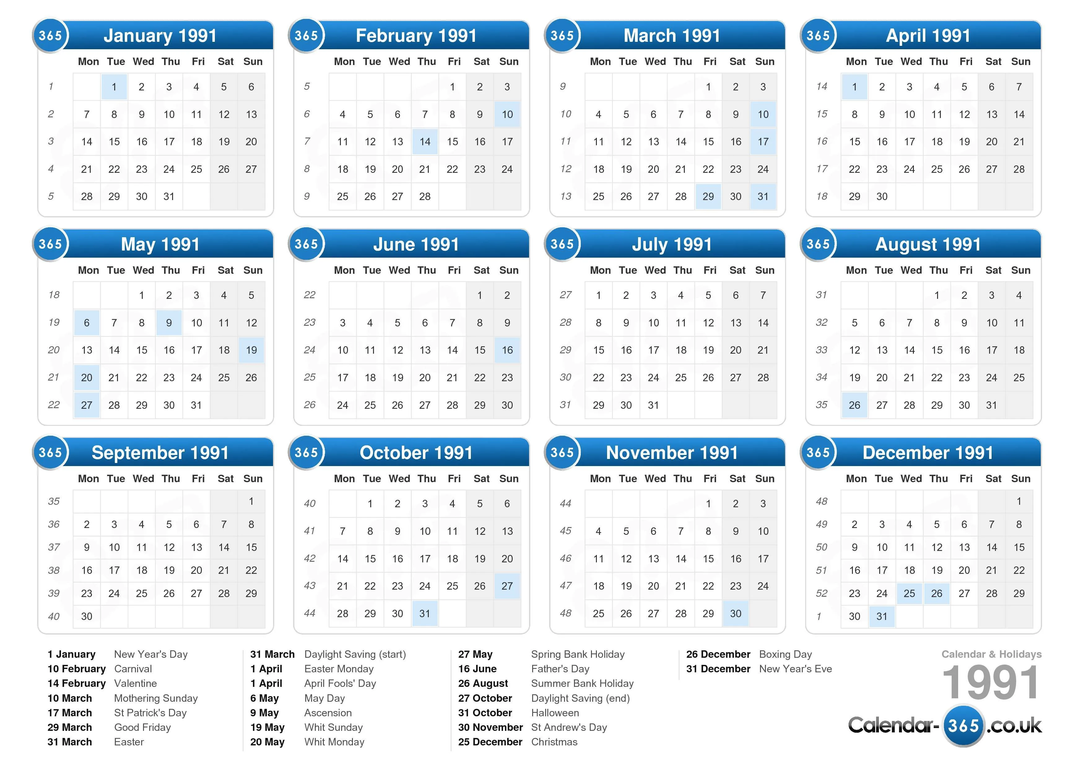 Calendar 1991