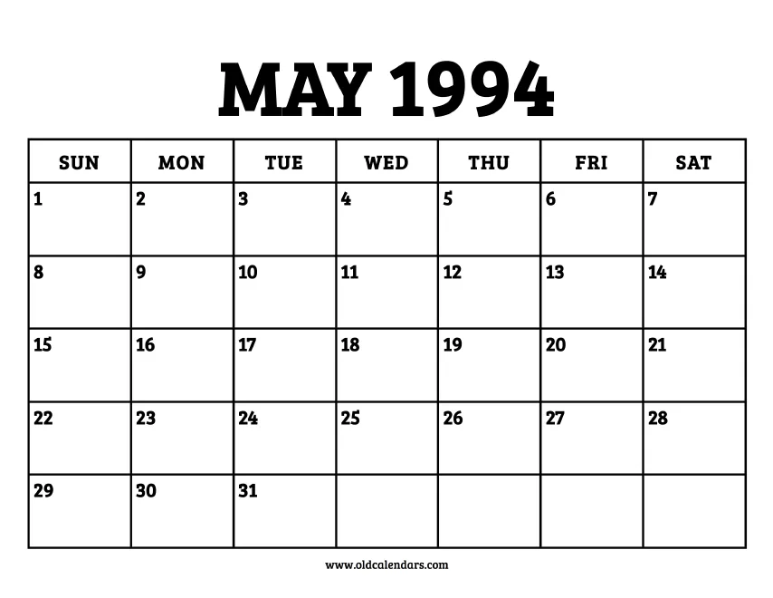 Calendar May 1994 Printable Old Calendars