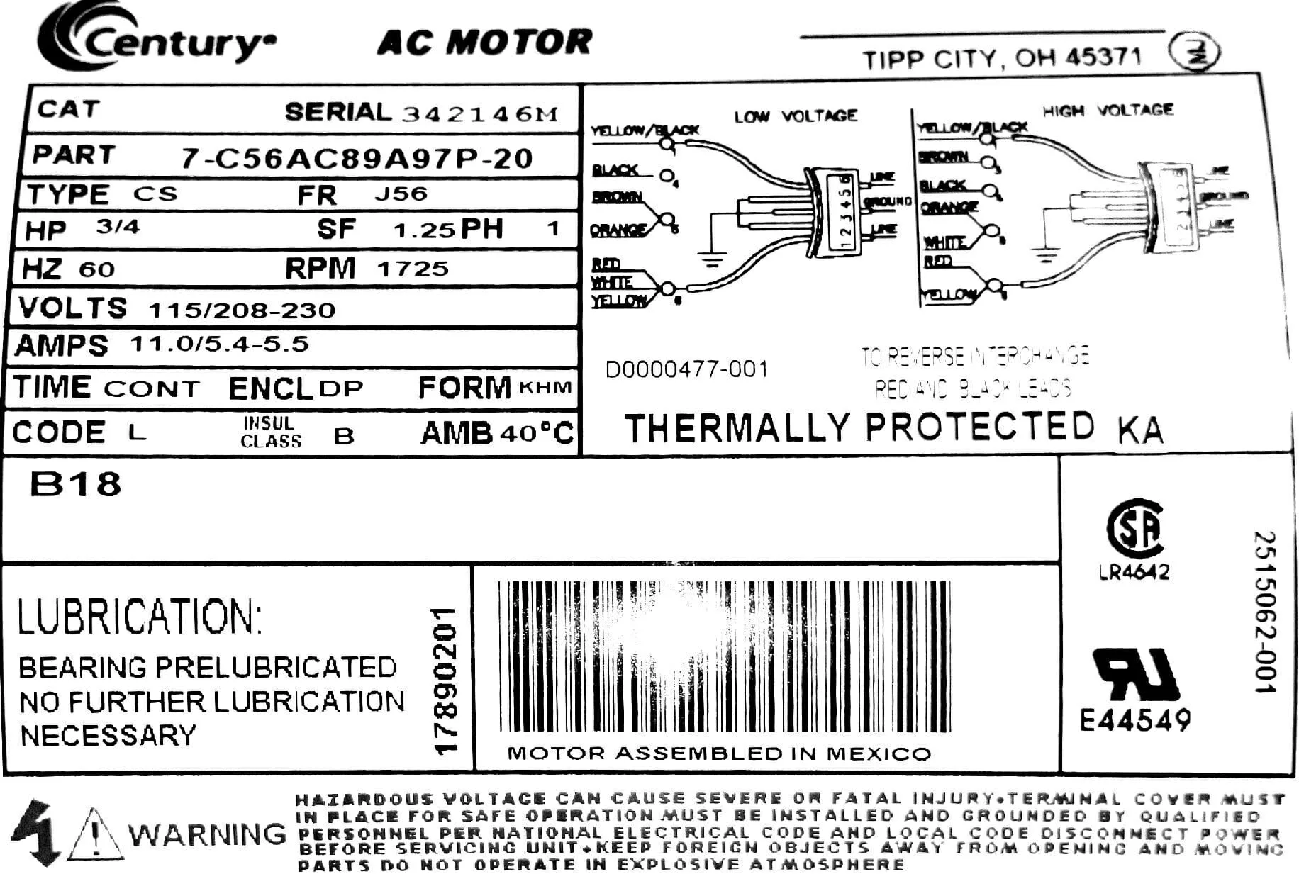 Century Motor Wiring Diagram T35028E