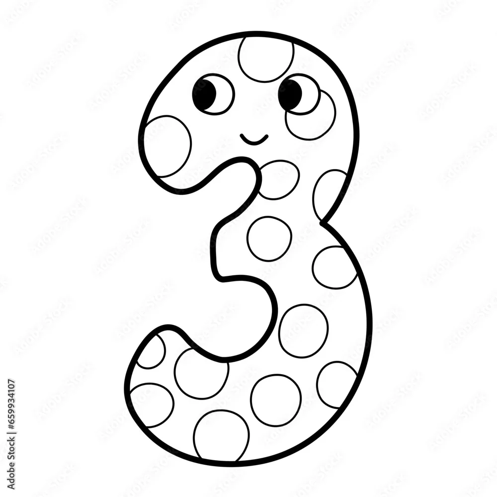Cute Number Three Character For Kids In Outline Leaning Numbers For Preschool Doodle Number 3