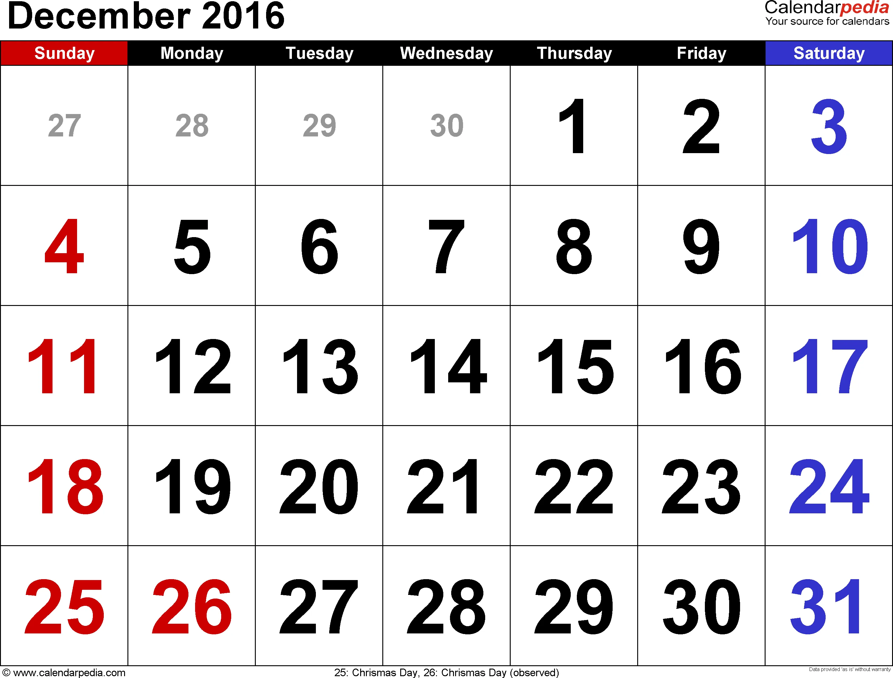 December 2016 Calendars For Word Excel Pdf