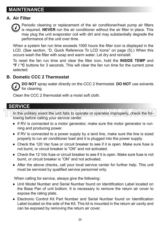 Dometic Comfort Control Center 2 Thermostat Operating Instructions