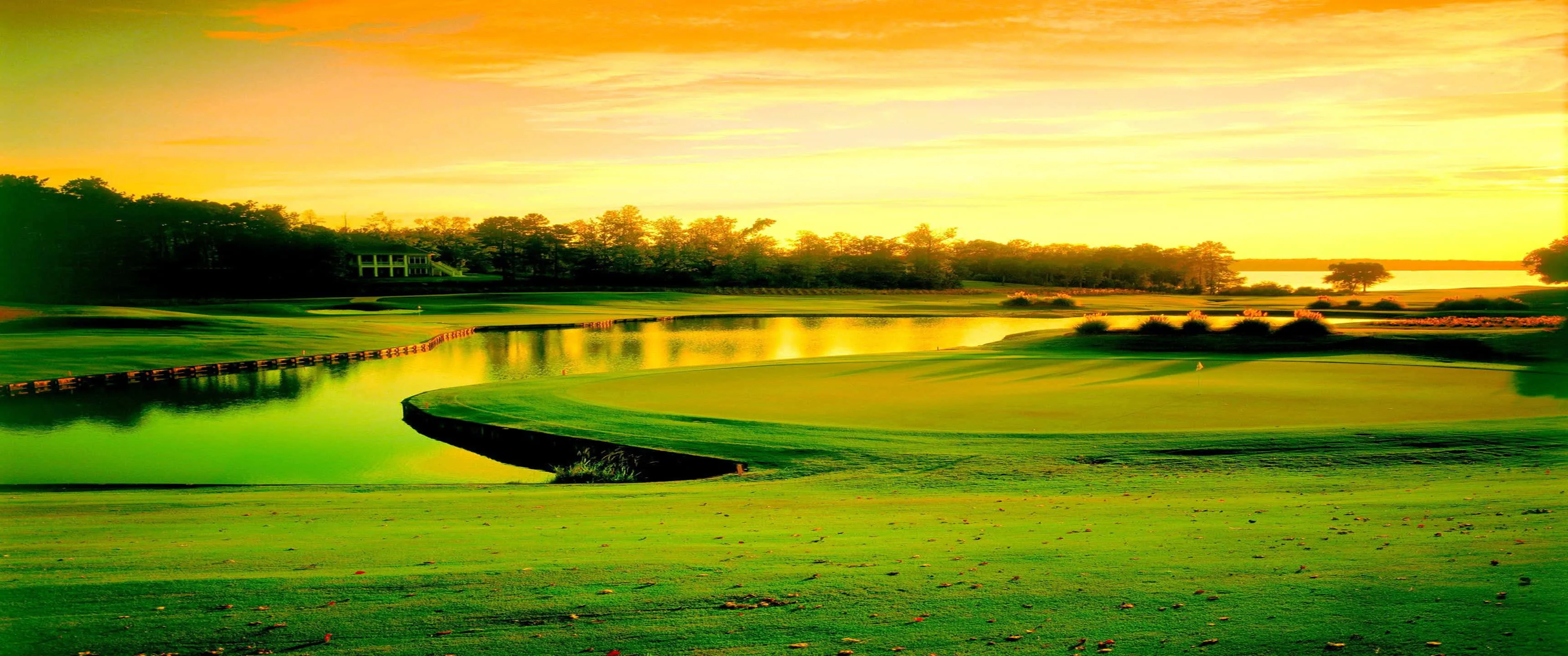 Download Sunset In Augusta 3440X1440P Golf Course Background