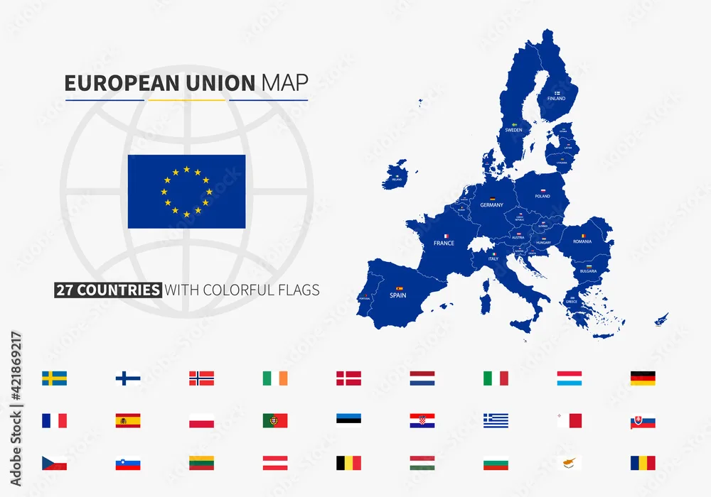 European Union Map Map Of Eu With Countries And Flags Eu Flag Set Of 27 Flags Europe