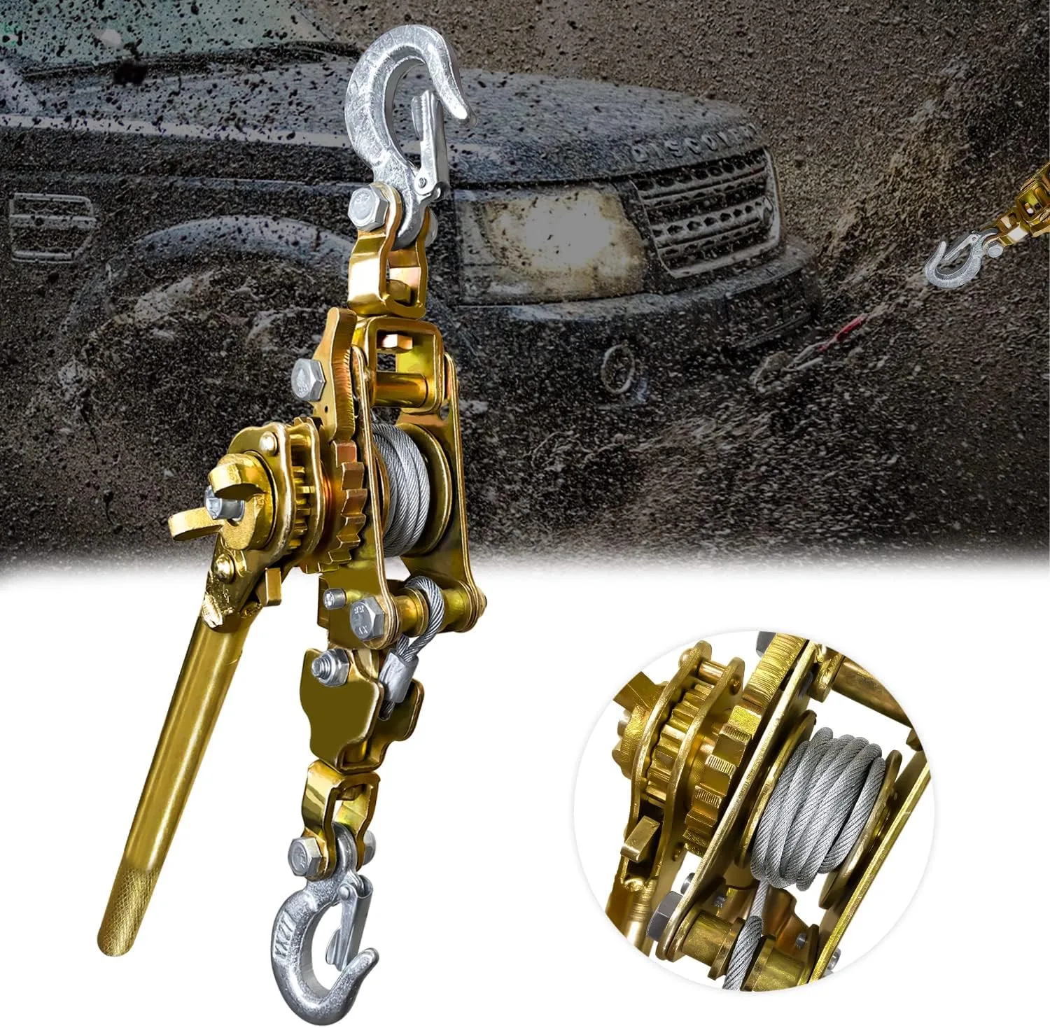 Fithoist Come Along 2 Ton Cable Winch Puller Heavy Duty Hand Puller 4400Lb With 2 Hooks Cable