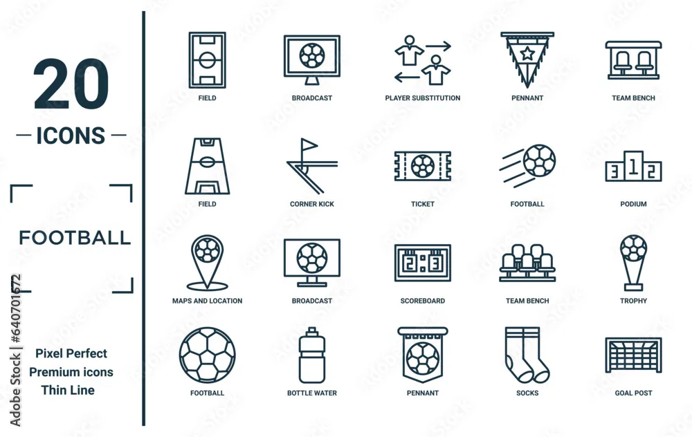 Football Linear Icon Set Includes Thin Line Field Field Maps And Location Football Goal
