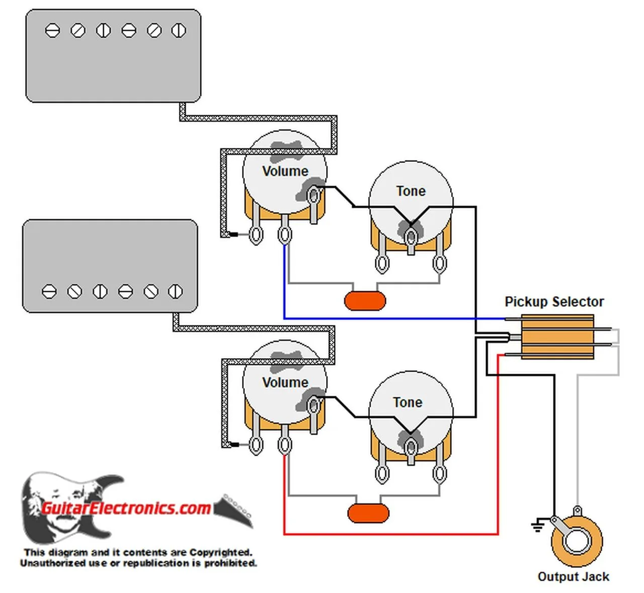 Gibson Style Guitar Wiring Diagram Vintage Humbuckers 3 Way Lever Switch 2 Volumes 2 Tones