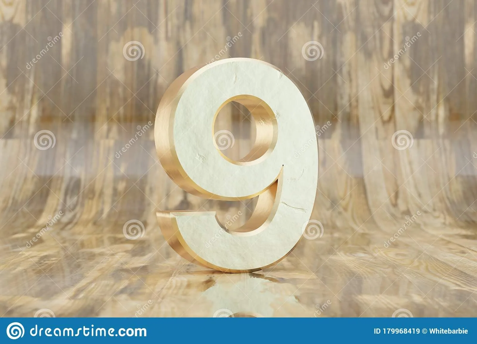 Gold 3D Number 9 Golden Number On Glossy Wet Wooden Background 3D Rendered Font Character