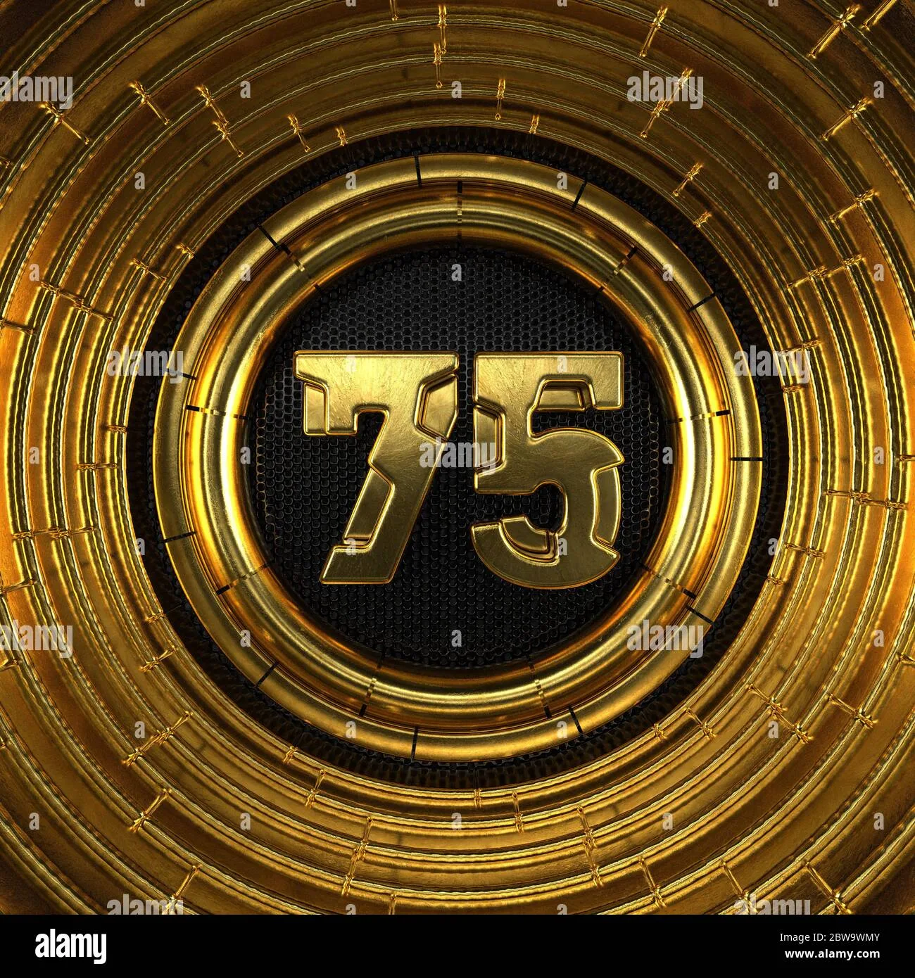 Gold Number 75 Number Seventy Five With Perforated Black Metal Background And Gold Rings