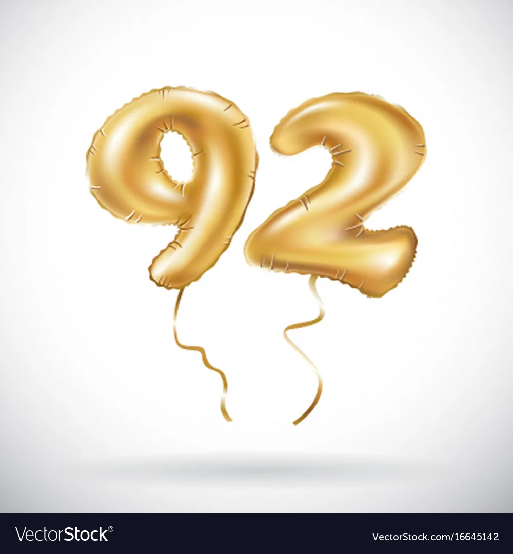 Golden Number 92 Ninety Two Metallic Balloon Vector Image