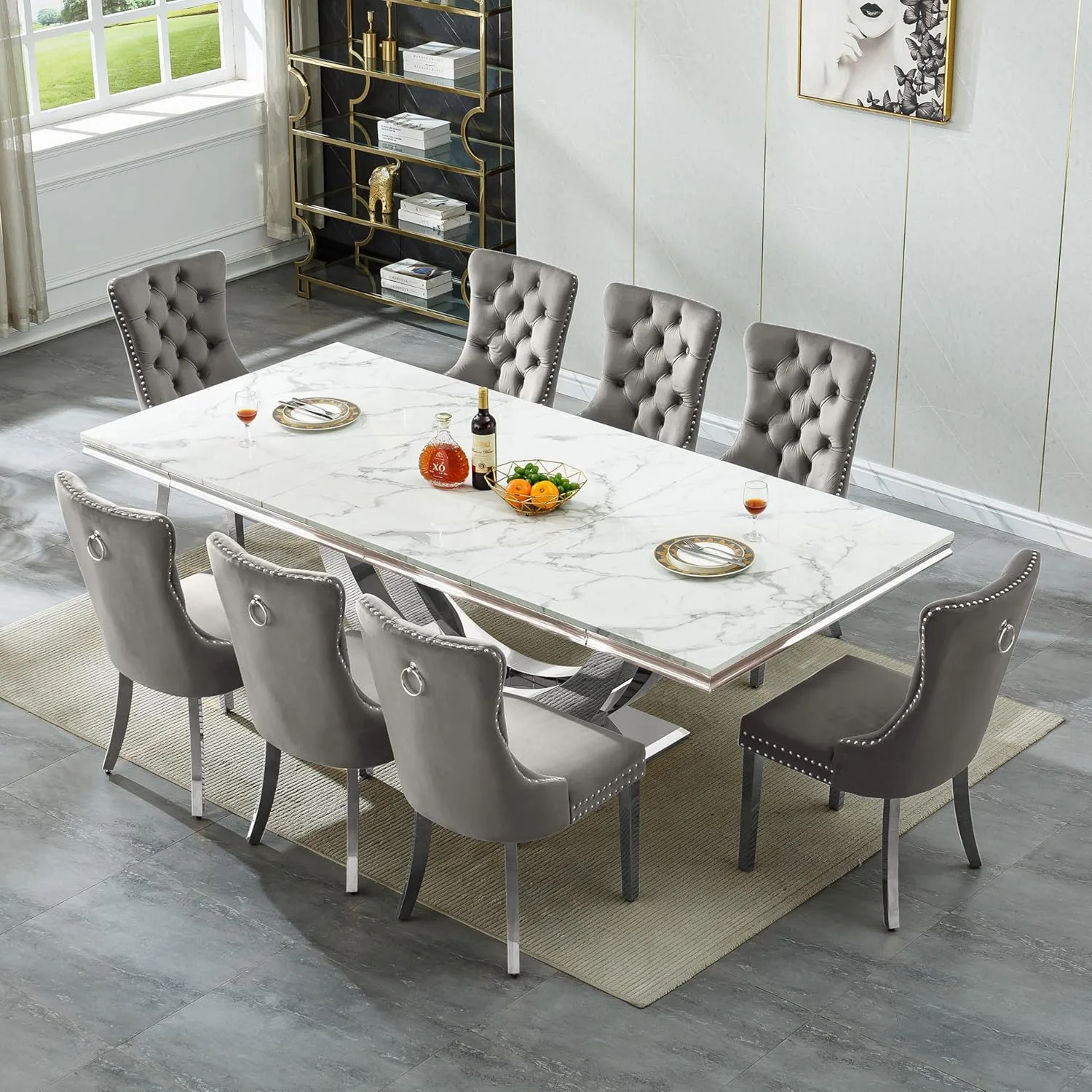 Goujxcy 94 5 Large Marble Dining Table Set For 8 Luxury White Silver Kitchen