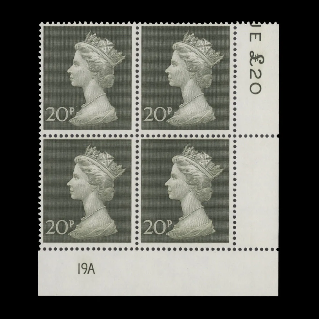 Great Britain 1970 Mnh 20P Olive Green Plate 19A Block