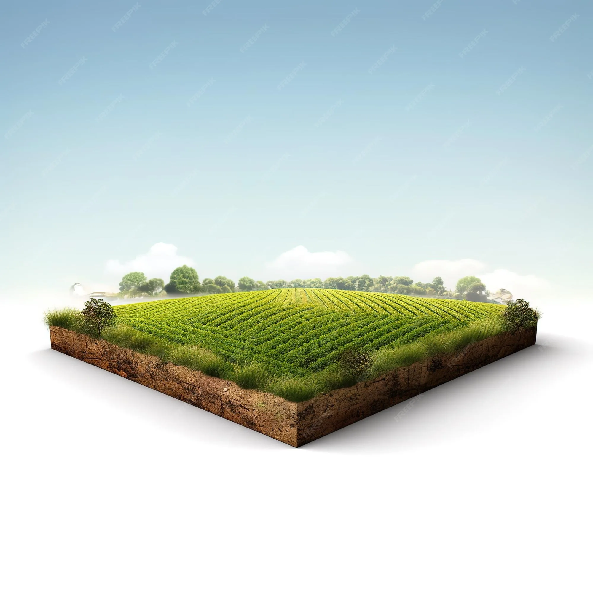 Isolated Farm Field With Green Crops On Cutaway Piece Of Land Isolated With Clouds Empty Green