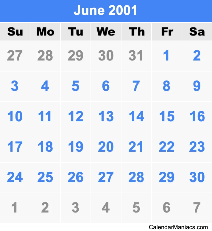 June 2001 Calendar