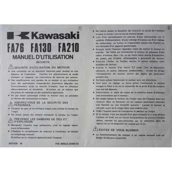 Kawasaki Fa76 Fa130 Fa210 Notice D Entretien