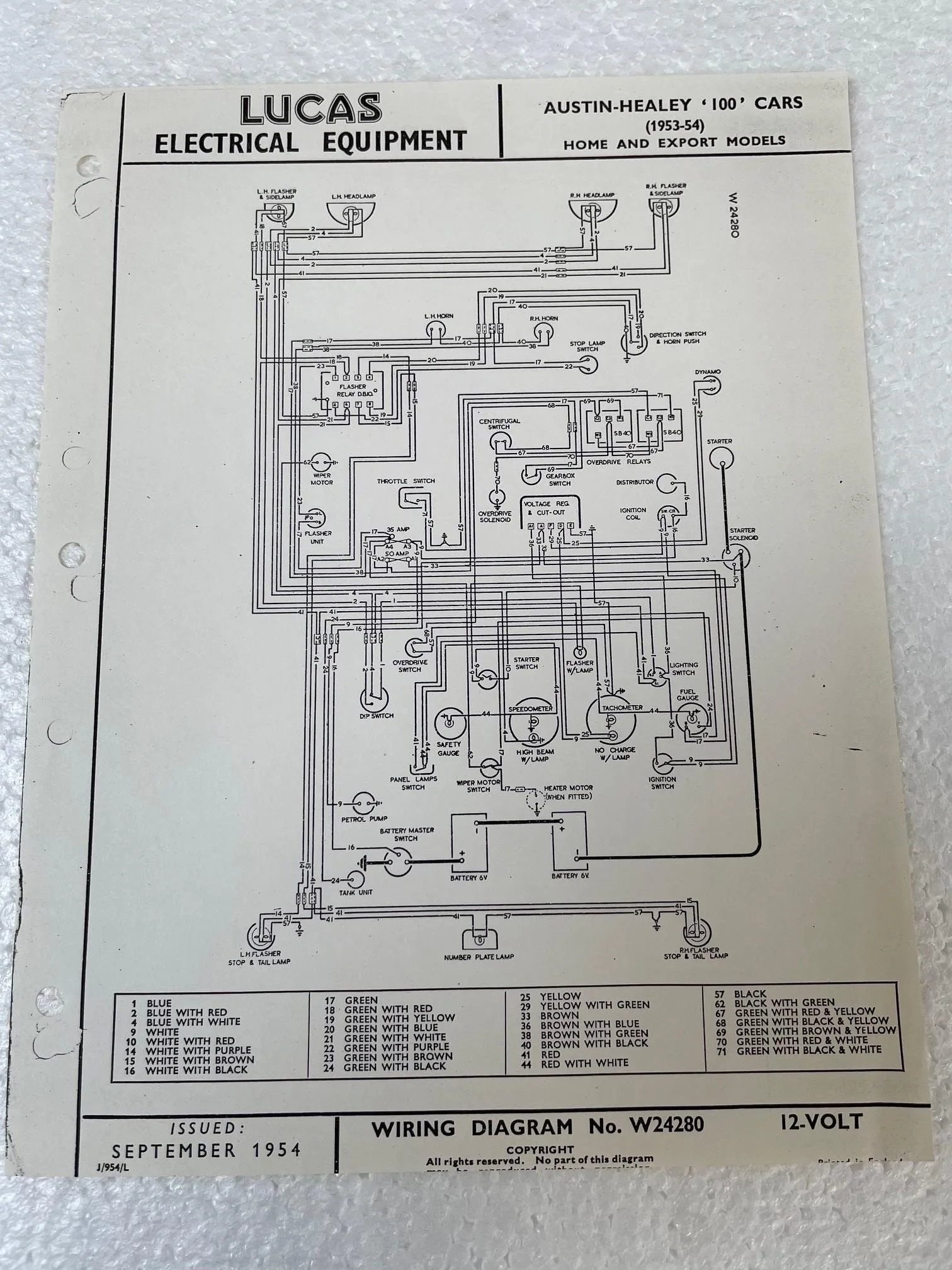 Lucas Wiring Diagram W24280 1953 1954 Austin Healey 100 J954L