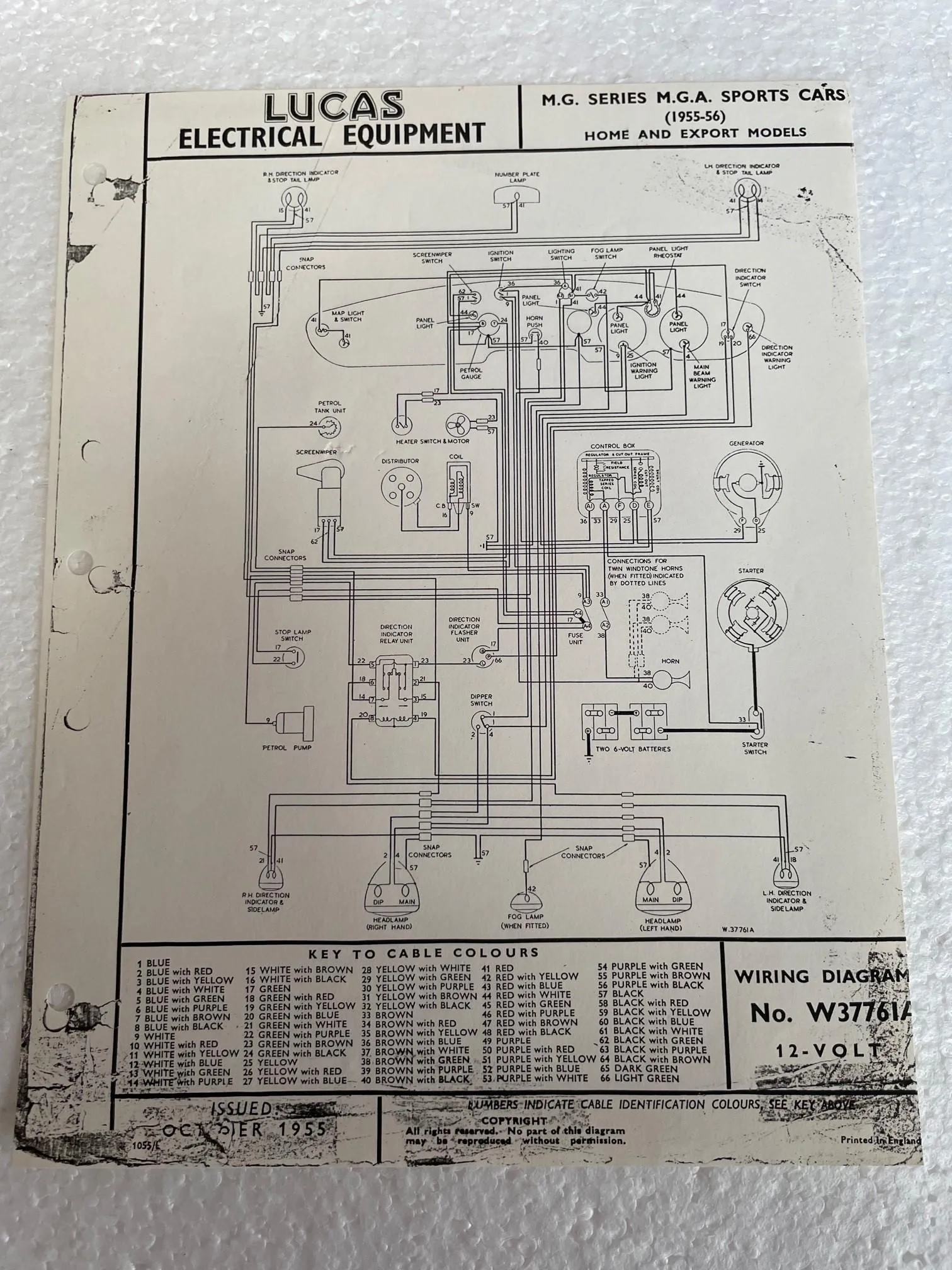 Lucas Wiring Diagram W37761A 1955 1956 Mg Mga