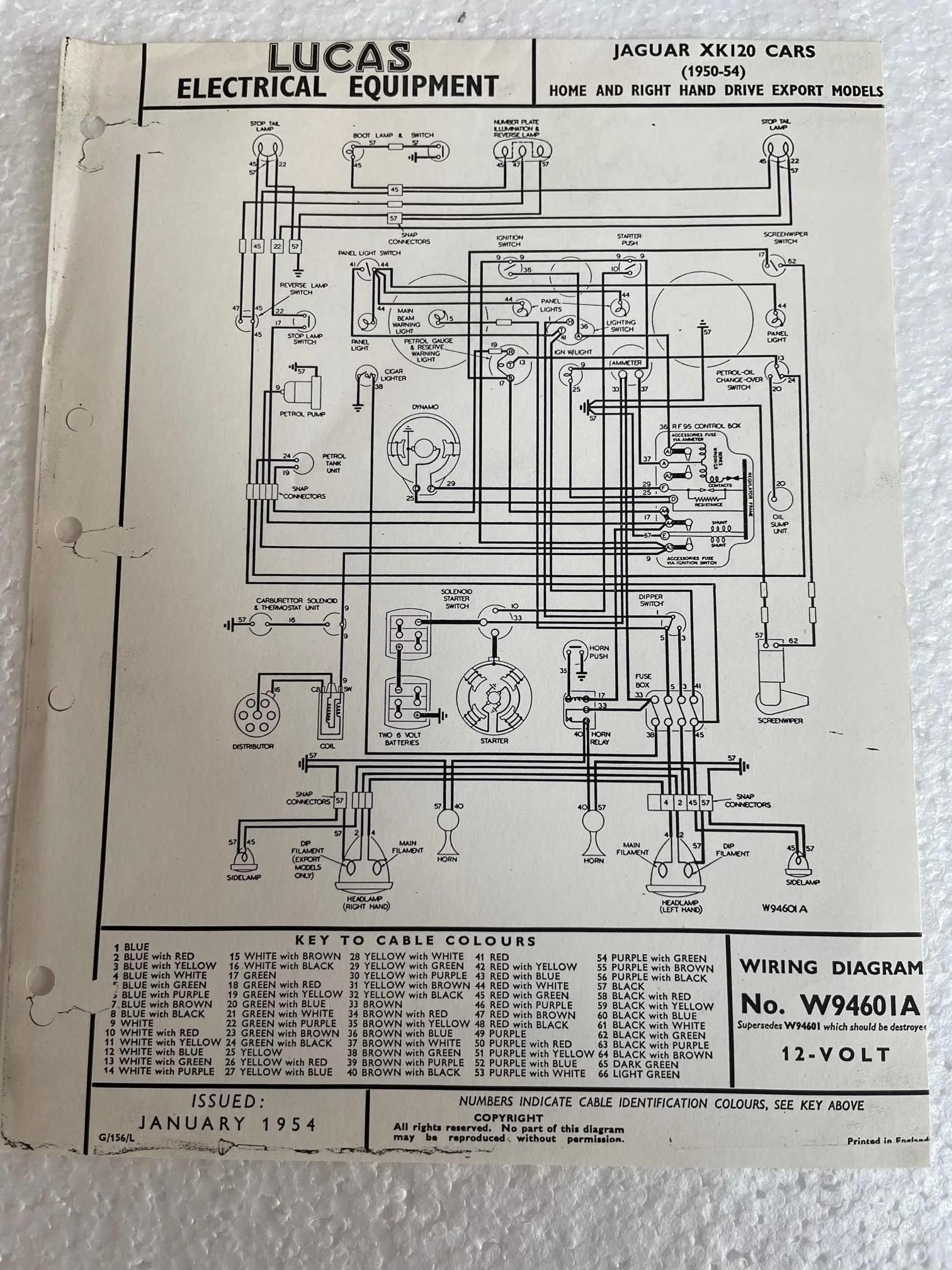 Lucas Wiring Diagram W94601A 1950 1954 Jaguar Xk120