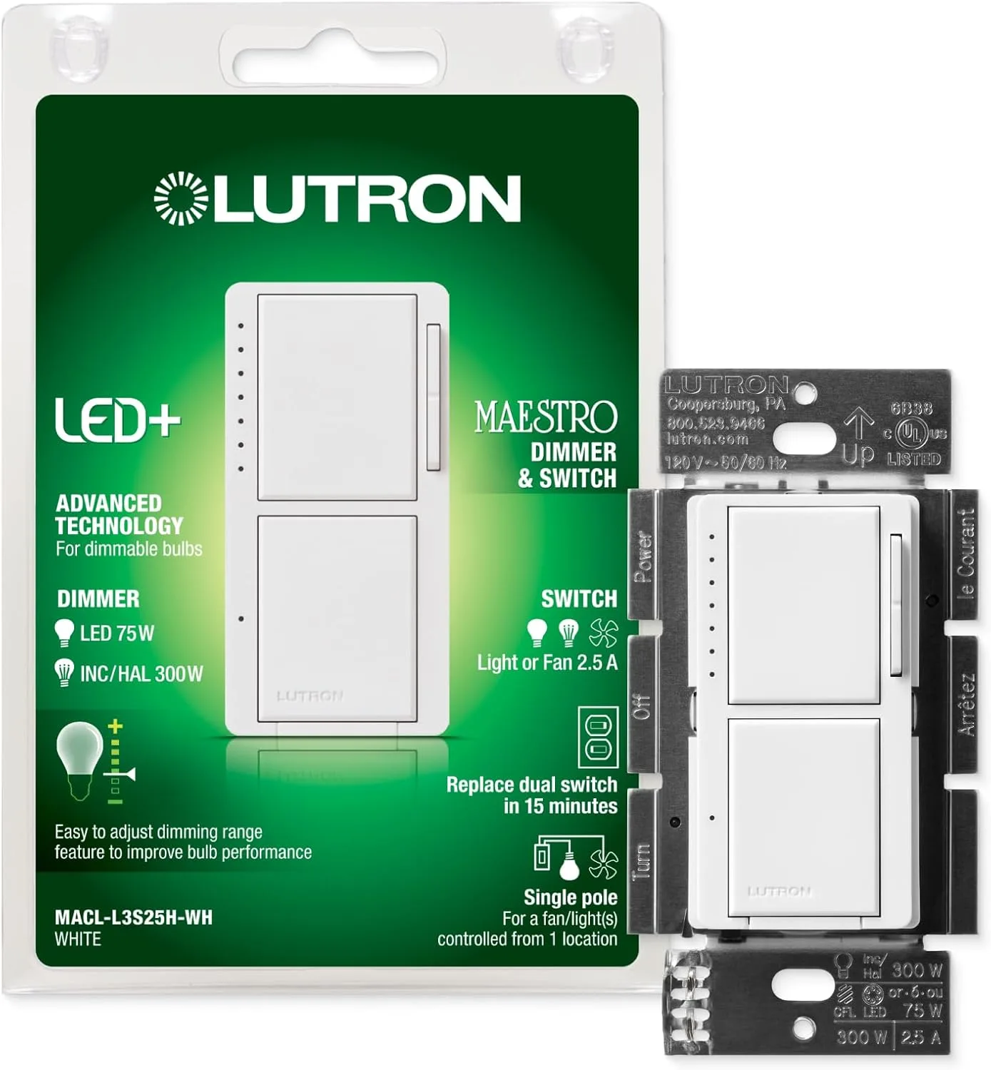 Lutron Maestro Led Dual Dimmer And Switch 75 Watt Led Bulbs 2 5A Fans Single Pole Macl